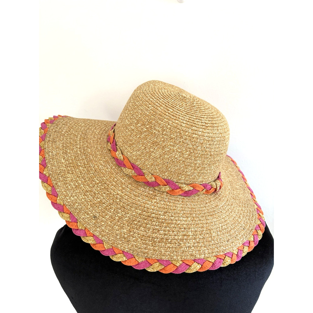Wide Brimmed Straw Sun Hat Pink & Orange Braided Trim Floppy Beach‎ Vacation